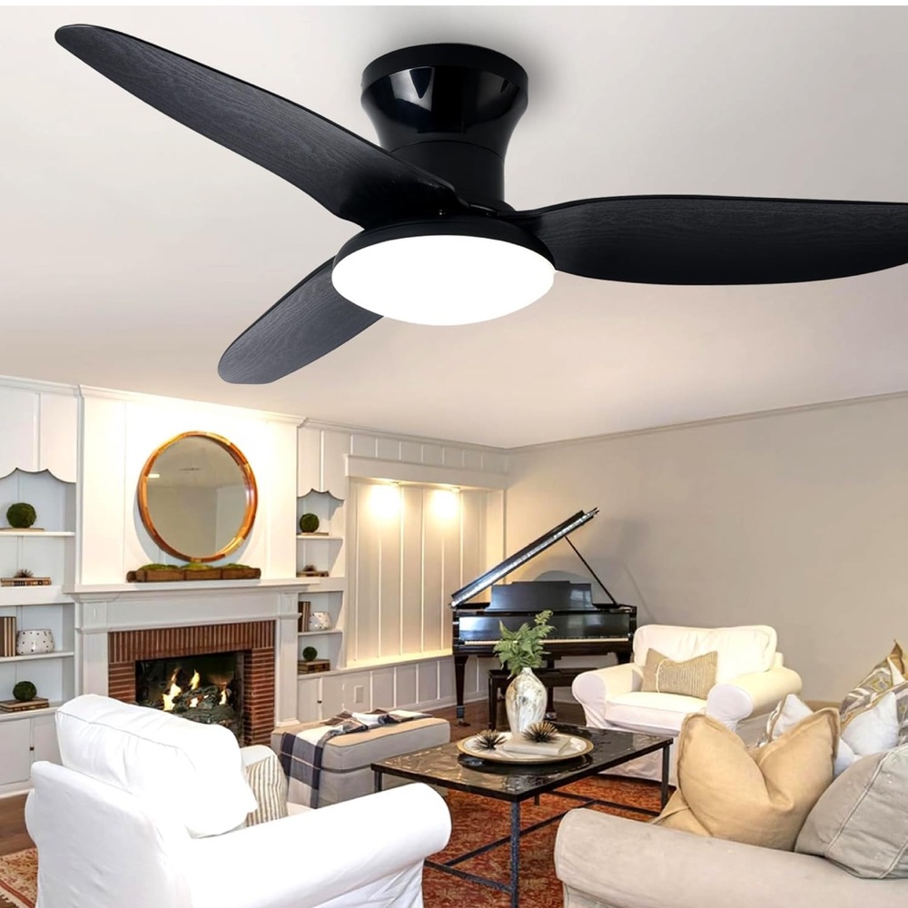 Black Ceiling Fan with Light 40” Low Profile Flush Mount LED Dimmable Remote OW
